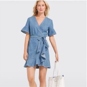 Draper James Chambray Ruffled Flutter Sleeve Mini Wrap Dress Sz. 4
